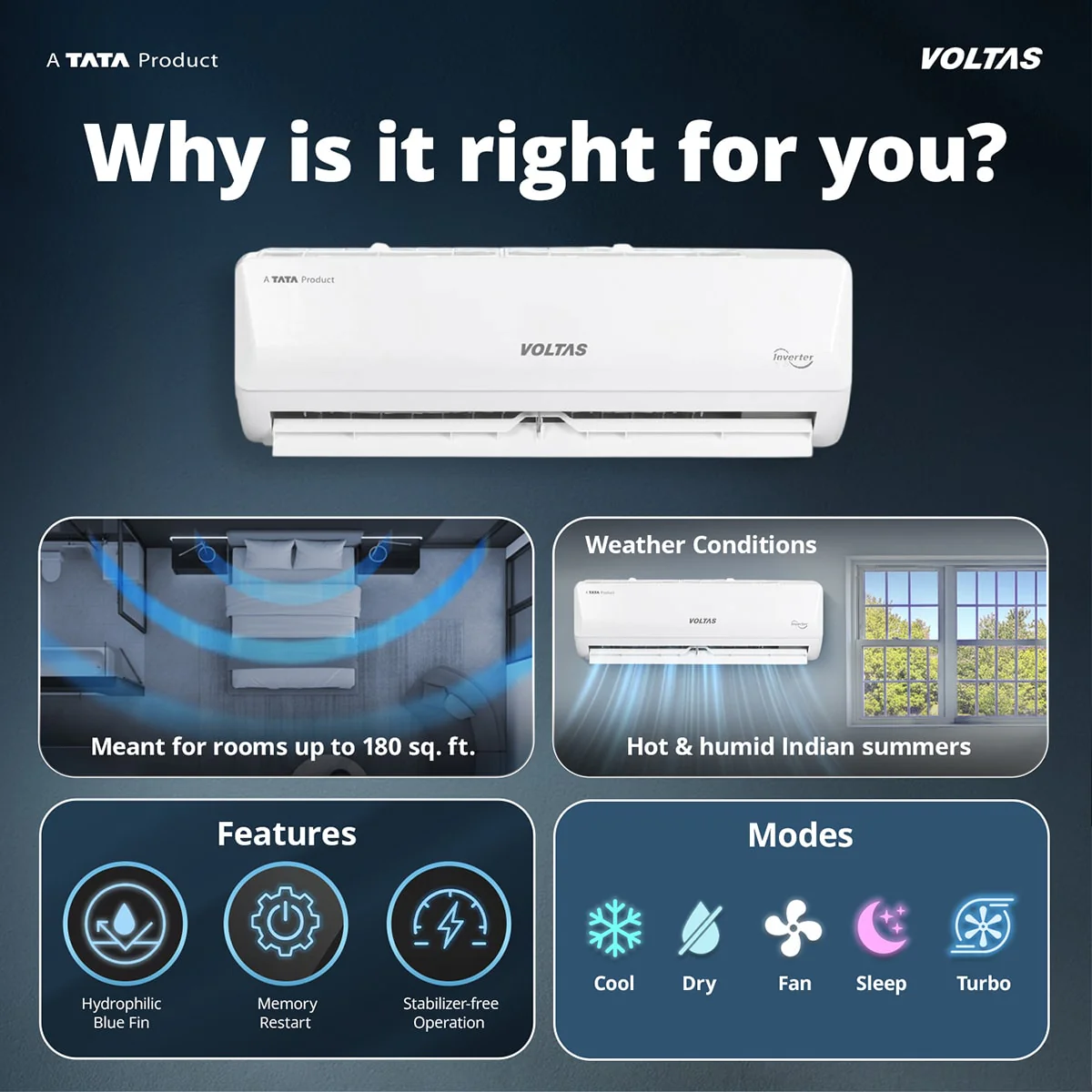 Voltas Split Air Conditioner, 1.5 Ton, 5 Star - 183INV Vectra Emerald - Image 3