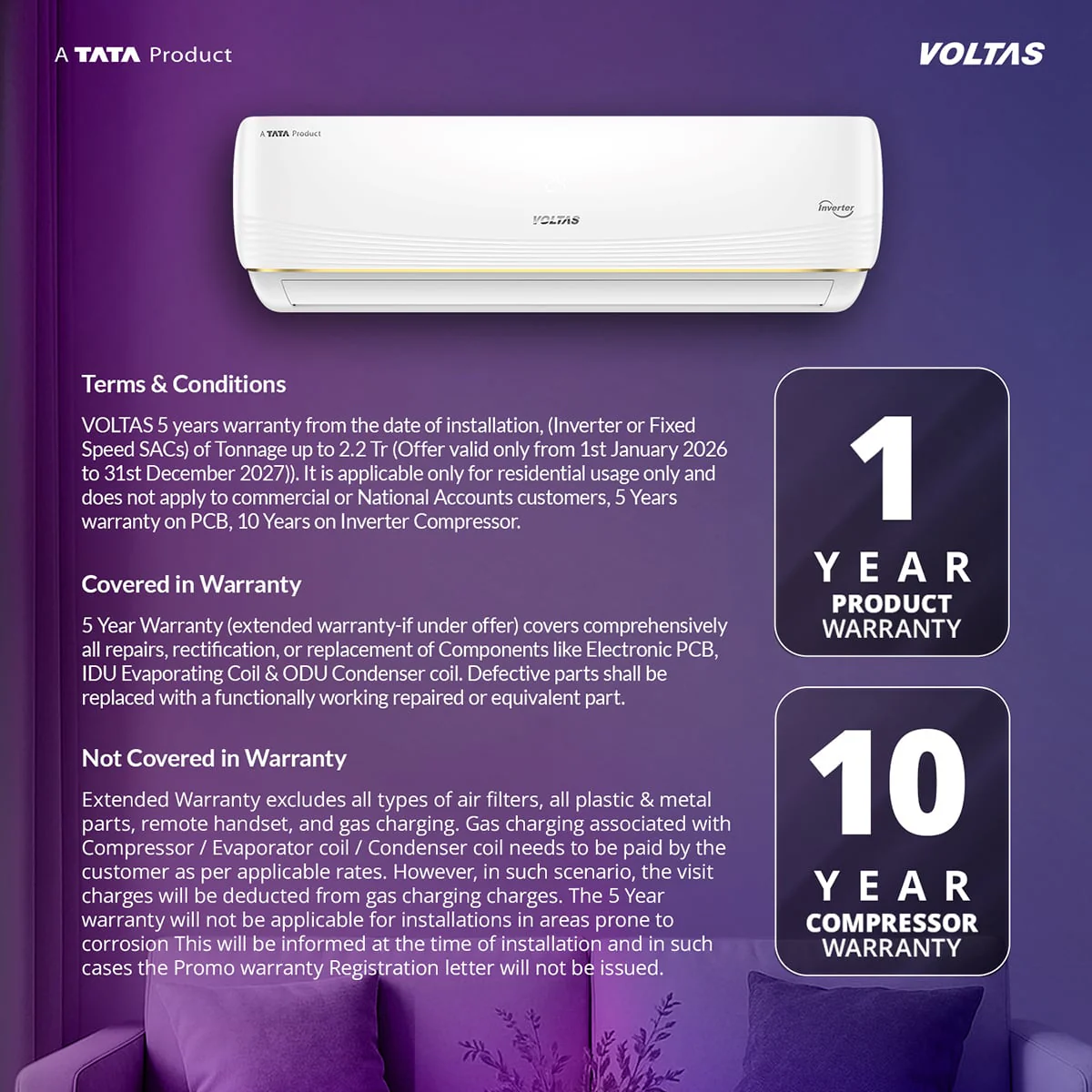 Voltas Split Air Conditioner, 1.5 Ton, 5 Star - 185INV Vertis AI Zest Gold - Image 16