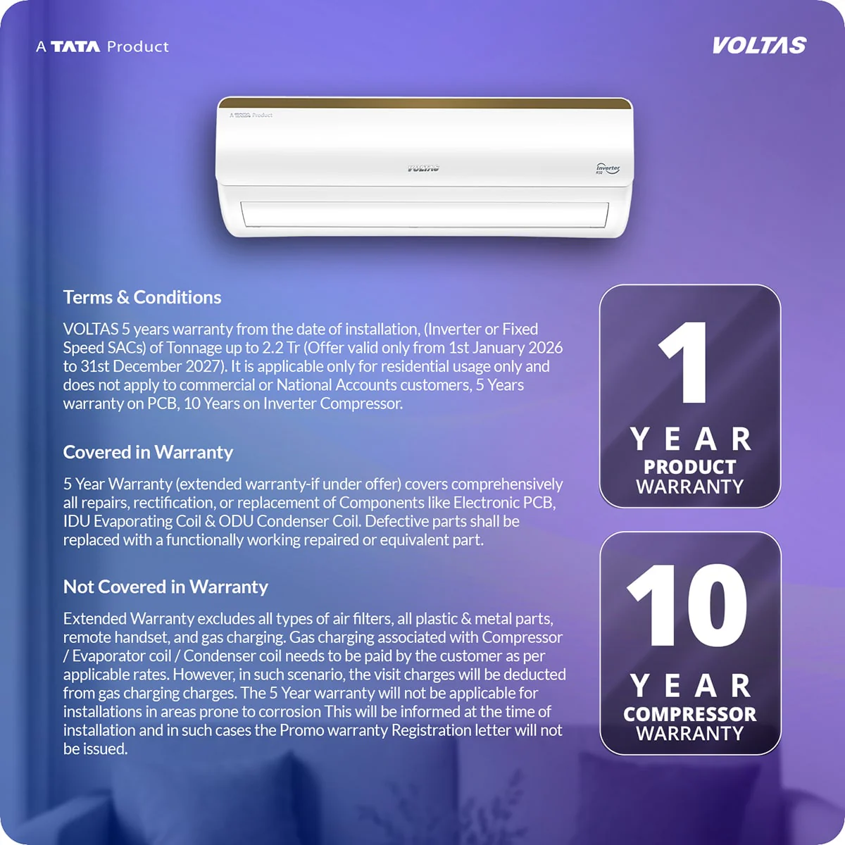 Voltas Split Air Conditioner, 1.5 Ton, 5 Star - 185INV Vertis Elite Gold - Image 14