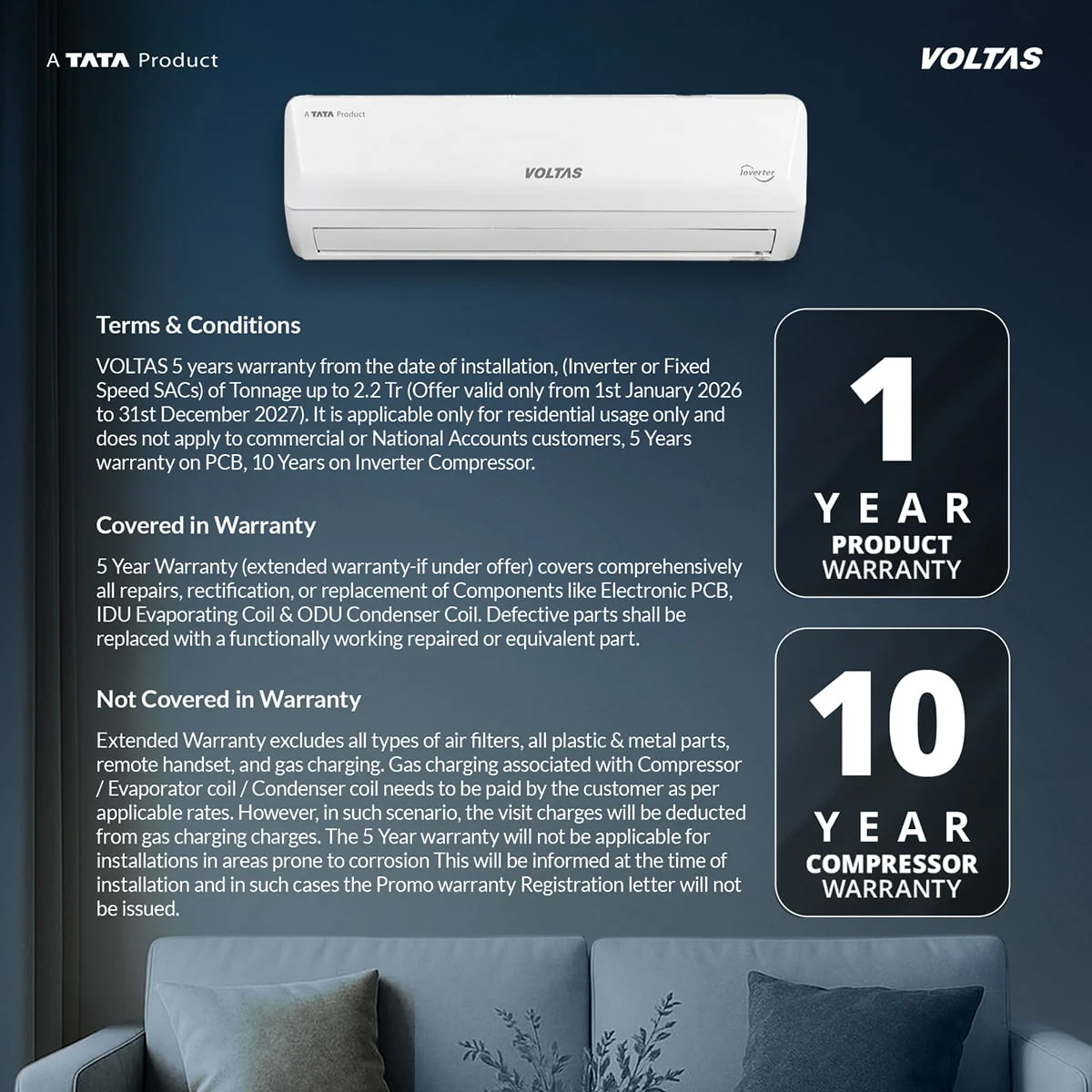 Voltas Split Air Conditioner, 1 Ton, 2 Star - 122FS Emerald - Image 12