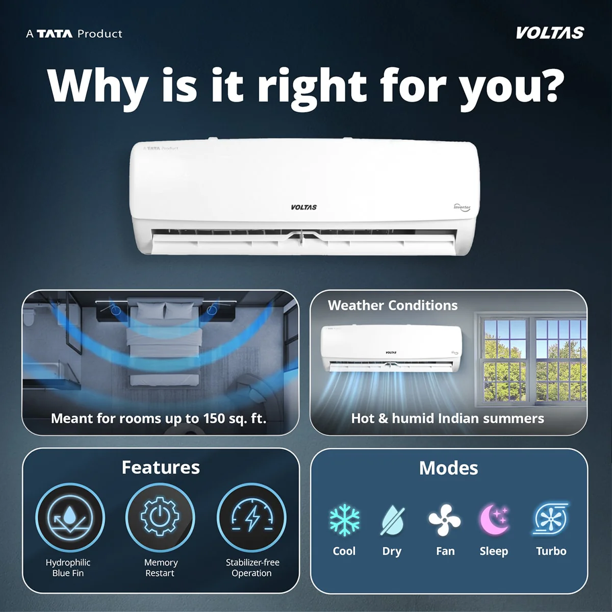 Voltas Split Air Conditioner, 1 Ton, 3 Star - 123INV Vectra Elegant - Image 3
