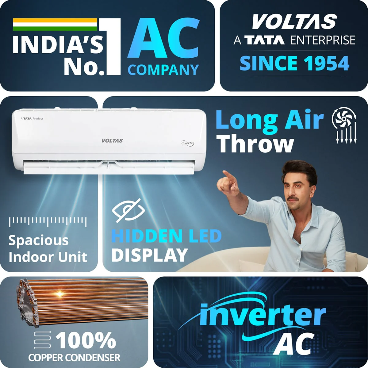 Voltas Split Air Conditioner, 1 Ton, 3 Star - 123INV Vectra Emerald - Image 5