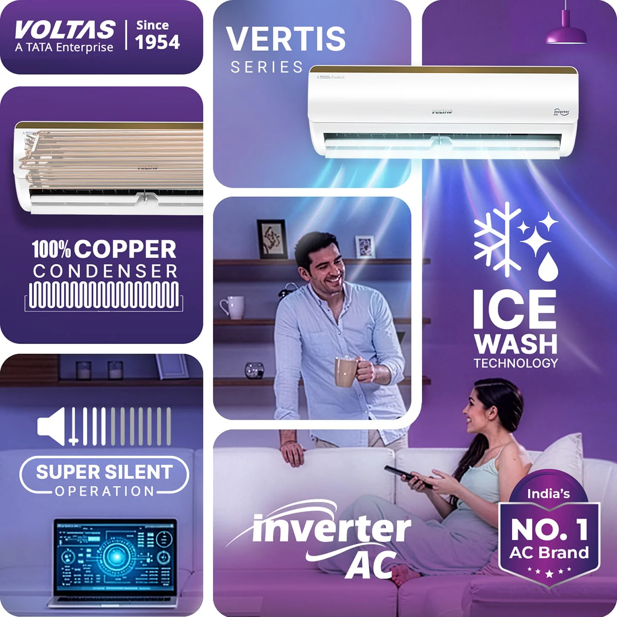 Voltas Split Air Conditioner, 1 Ton, 3 Star - 123INV Vertis Elite Gold - Image 5