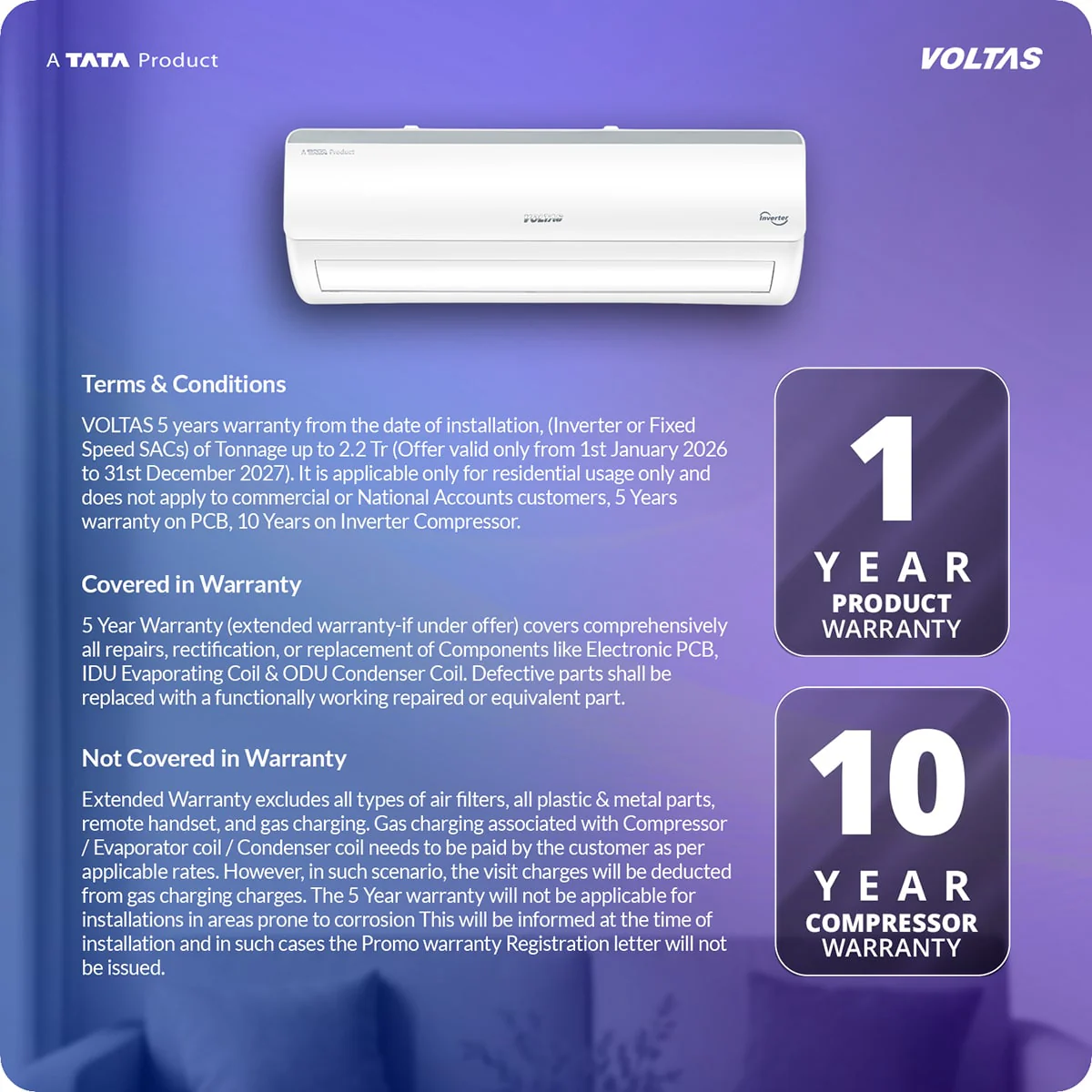 Voltas Split Air Conditioner, 1 Ton, 3 Star - 123INV Vertis Elite RG - Image 14