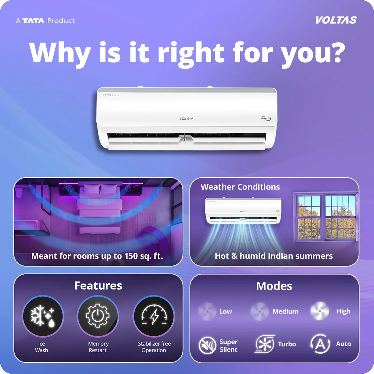 Voltas Split Air Conditioner, 1 Ton, 3 Star - 123INV Vertis Elite RG - Image 3