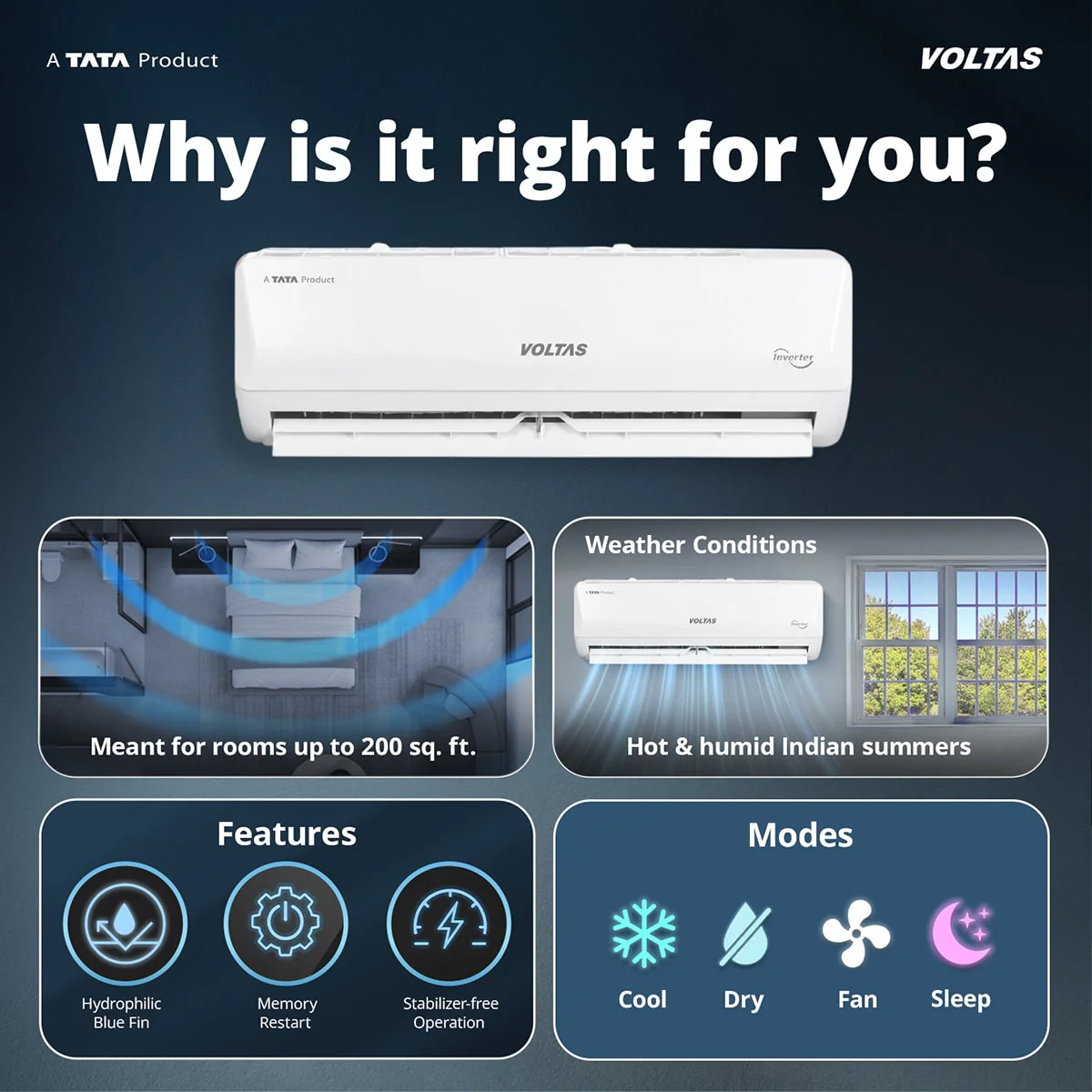 Voltas Split Air Conditioner, 2 Ton, 3 Star - 243INVHC Vectra Emerald - Image 3